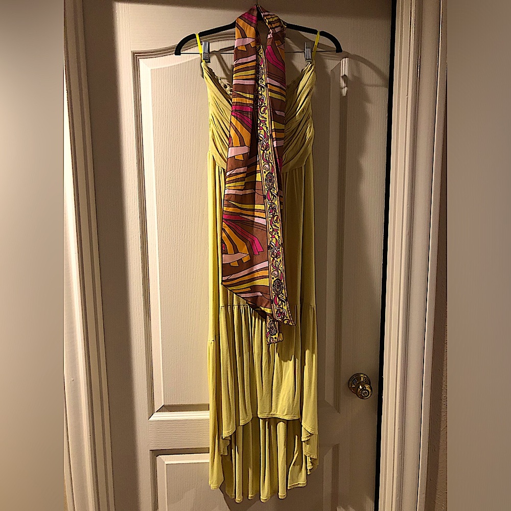 Yellow cotton strapless asymmetrical maxi dress with matching silk scarf.
